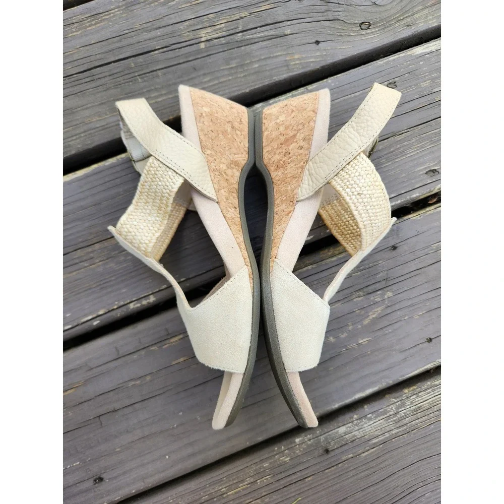 Vionic Kaytie Wedge Sandals Cream Leather Raffia Cork Slingback 8.5